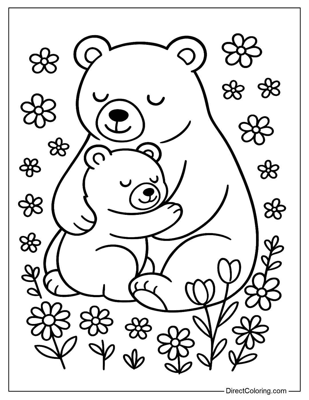 Baby bear hugs mom bear, surrounded by simple flowers